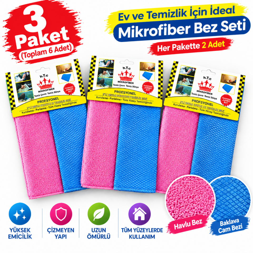 Microfiber Havlu + Baklava Cam Bezi 30*40  2'li (3 PAKET)