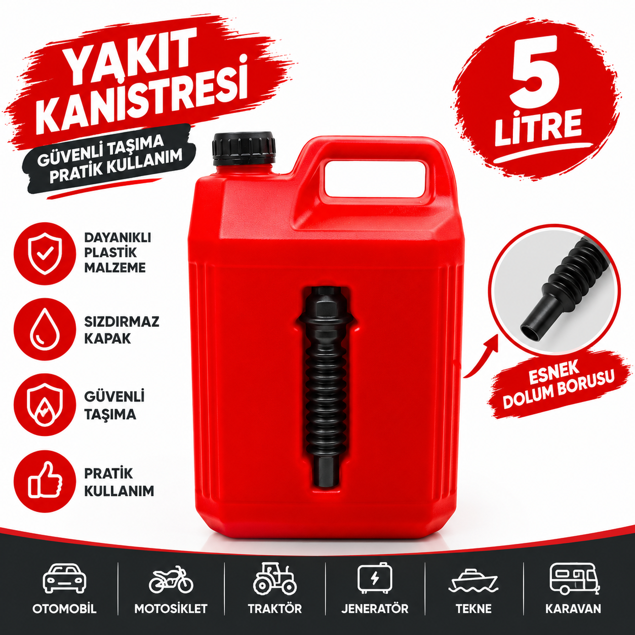 T-Rax Antistatik Benzin-Mazot Taşıma Yakıt Bidonu Gagalı 5 Lt