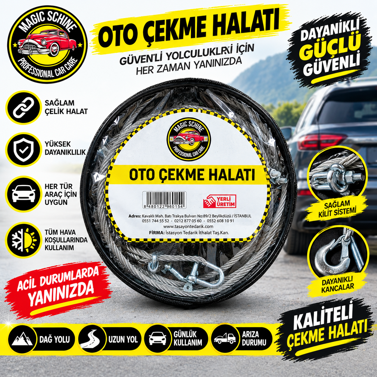 3,5 Ton Kapasiteli Çelik Oto Çekme Halatı