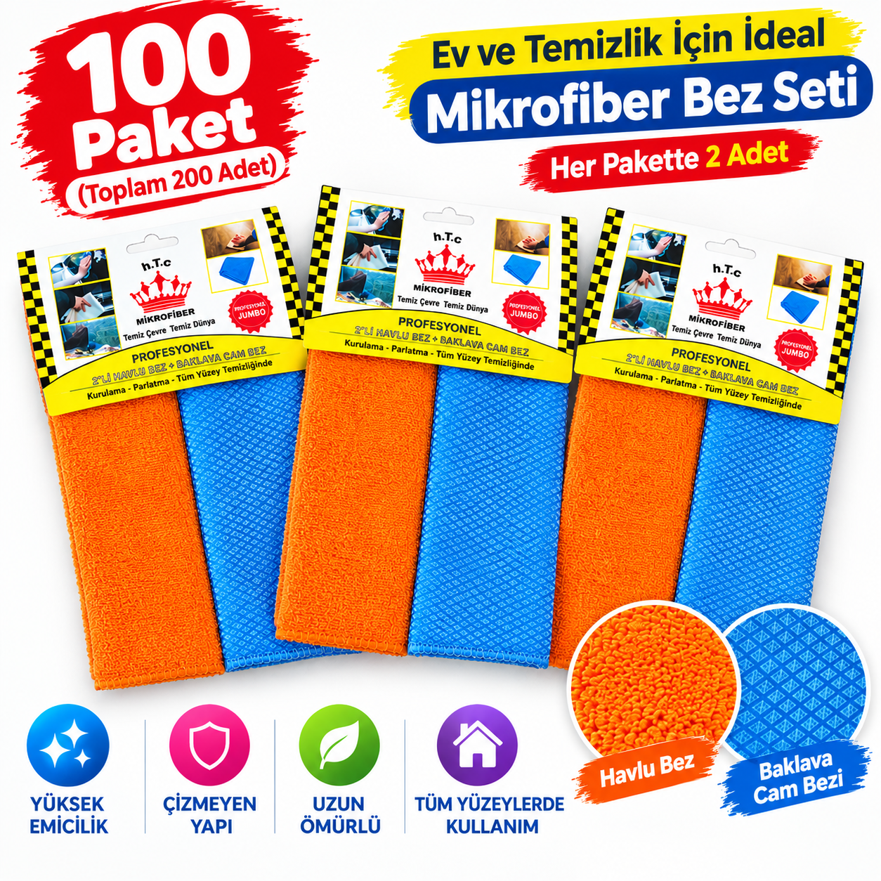 Microfiber Havlu + Baklava Cam Bezi 30*40  2'li (100 PAKET)