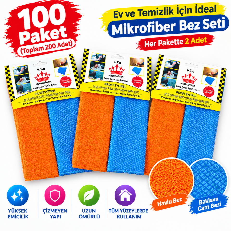 Microfiber Havlu + Baklava Cam Bezi 30*40  2'li (100 PAKET)