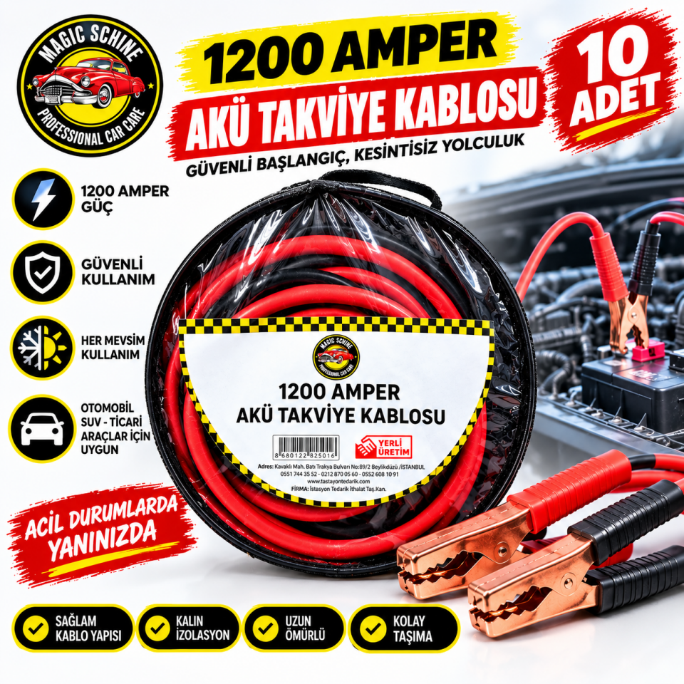 10'lu Akü takviye kablosu 1200 Amper Kablolu Çantalı 1.SINIF