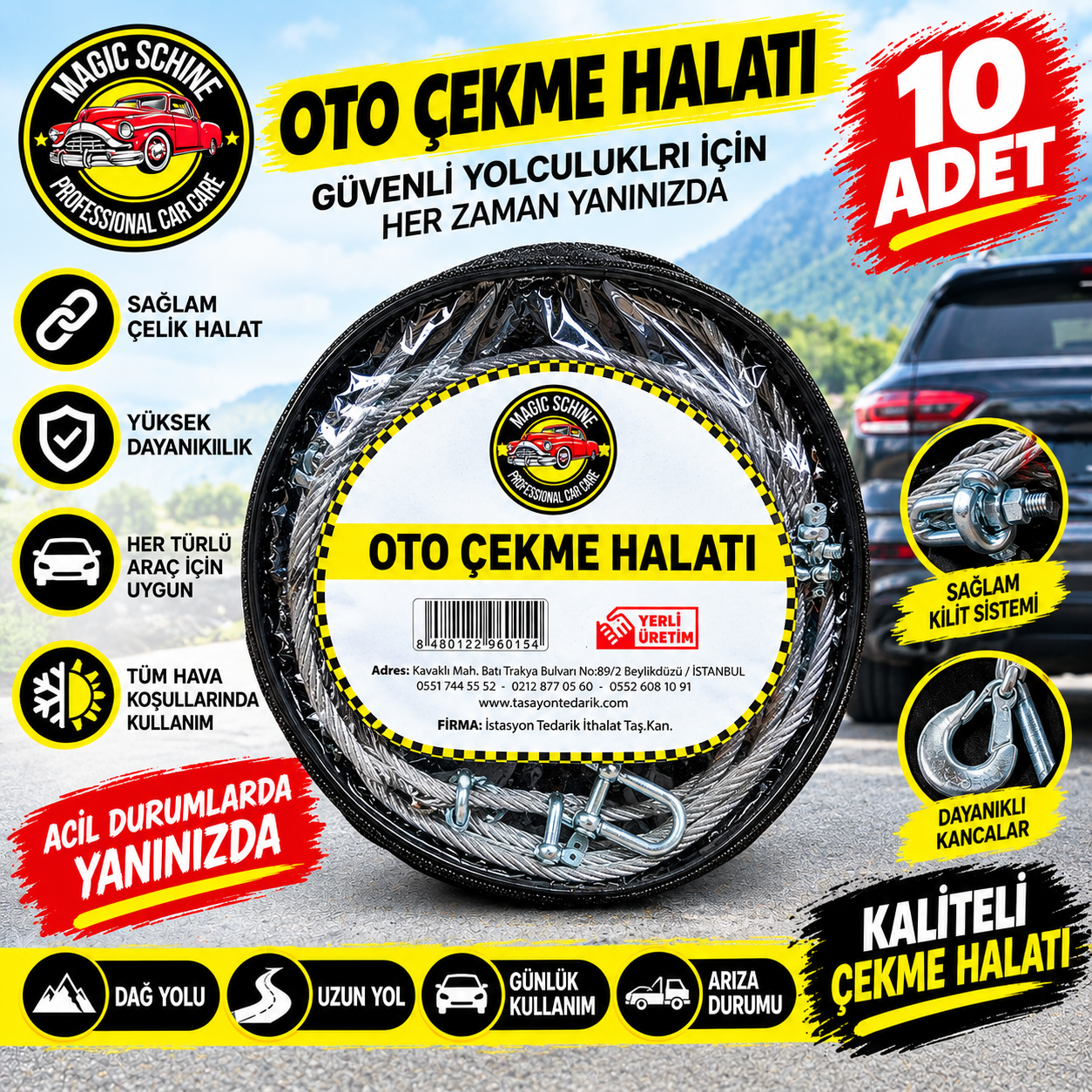10'lu 3,5 Ton Kapasiteli Çelik Oto Çekme Halatı