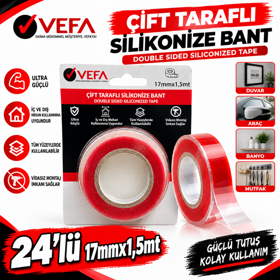 24'lü Çift Traflı Slikonize Bant 17mm*1,5 metre
